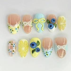 lot 8020 image: Short Almond Press on Nails - Fruit Blueberries, Lemons, Bows