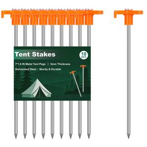 lot 8030 image: FEED GARDEN Heavy Duty Tent Stakes 7 Inch, 10 Pack Galvanized Steel Camping Pegs, Ground Anchors for Tents, Canopy and Tarp, Rust Resistant Metal Stakes with High Visibility Orange Heads for Outdoor