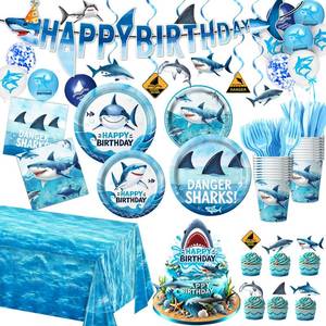 lot 8038 image: LINHAXM 157 PCS Shark Birthday Party Decorations Includes Plates, Napkins, Cups, Cutlery, Cake Toppers, Banner, Hanging Swirls, Tablecloth, Balloon for Under The Sea Party Decorations