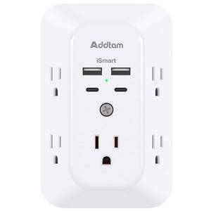 lot 8050 image: Addtam 5-Outlet Extender Surge Protector, Multi Plug Wall Outlet with 4 USB Wall Charger(2 USB C Ports), Outlet Splitter Power Strip for Home Office Dorm Room Essentials, Plug Extension Outlet 1800J