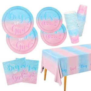 lot 8053 image: Baby Gender Reveal Party Supplies, Boy or Girl Disposable Paper Plates Napkins Cups Tablecloth for Baby Shower Decorations, Serve 25