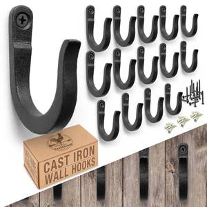 lot 8126 image: 2 inch Railroad Spike Cast Iron Hooks (15 Pack) Blacksmith, Wall Mounted Farmhouse Decorative Hooks, PowderCoated for Interior or Exterior Use, Rust Proof for Hanging Coats, Bags or Pots (Black)