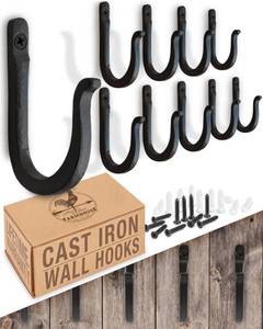 lot 8128 image: Railroad Spike Cast Iron Hooks (10 Pack) Handmade Blacksmith, Wall Mounted Farmhouse Decorative Hooks, PowderCoated for Interior or Exterior Use, Rust Proof for Hanging Coats, Bags or Pots (Black)