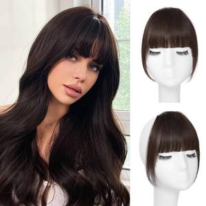 lot 8490 image: Real Human Hair Clip In Bangs Dark Brown French Curtain Bangs for Women