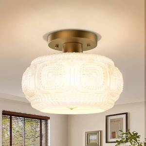 lot 9089 image: OYKYOHEI Milk Glass Semi Flush Mount Ceiling Light Fixture, Vintage Gold