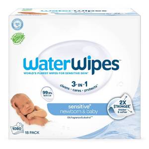 lot 9111 image: WaterWipes Sensitive Newborn & Baby Wipes, 99.9% Water, Unscented & Hypoallergenic - 1080ct