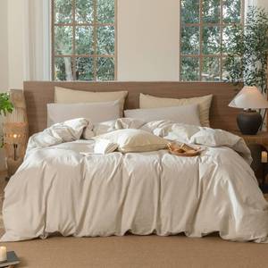 lot 9117 image: MooMee Striped Duvet Cover Set 100% Washed Cotton Linen Like Queen