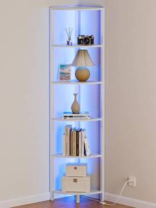 lot 9146 image: Furnulem 6 Tier Corner Shelf with LED Light, 67.5 White Narrow Bookshelf