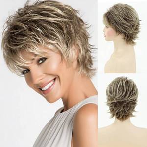 lot 9164 image: SEVENCOLORS Short Blonde Wigs for White Women Synthetic Hair Mixed Brown Wigs with Bangs Natural Layered Pixie Cut Wig for Women