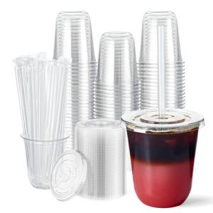 lot 9173 image: Vplus 100 Pack 12 oz Disposable Plastic Cups with Lids and Straws