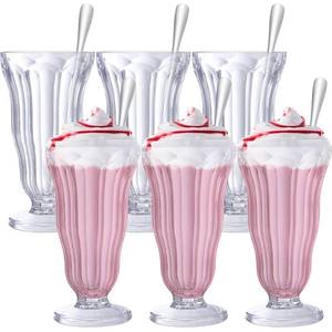 lot 9175 image: 6 Set Milkshake Glass 16 oz Sundae Glasses with Stainless Steel Spoons