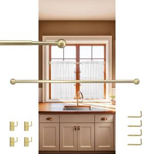 lot 10114 image: Cafe Curtain Rods - 38 Inch Diameter, 28-40 Inch Adjustable, Includes Adhesive & Screw Brackets for Tier Curtains, Valance Curtains, Set of 2, Brass Brushed