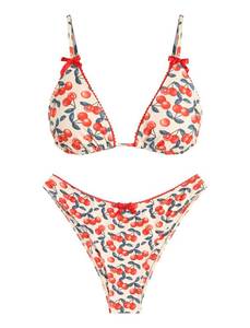 lot 10145 image: ZAFUL Womens String Triangle Bikini Sets Sexy Triangle Textured Tied High Cut Swimsuit Brazilian 2 Piece Bathing Suit��2-Floal Cherry,M