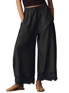 lot 10157 image: EXLURA Womens Cotton Lace Trim Wide Leg Cropped Pants Drawstring Trousers, Size Small