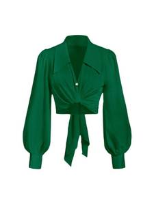 lot 10173 image: SweatyRocks Womens Button up Collar Cropped Shirt Long Sleeve Self Wrap Blouse Green X-Large