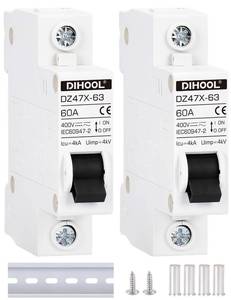 lot 10175 image: DIHOOL ACDC Miniature Circuit Breakers, 2 Pack, Single Pole 60 Amp, 12V 24V 48V 400V, Non Polarized, Solar Disconnect Switch, DIN Rail Mount, RV Battery Isolator, PV Array MCB, Thermal Magnetic Trip
