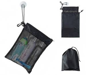lot 10206 image: Shower Bag Tote, Mesh Caddy Toiletry Organizer 12L x 9W, Compact and Lightweight With Suction Cup, Cord for Hanging, Zipper and Drawstring Pouch 14L x 10W, Black