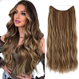 lot 10207 image: SARLA Invisible Wire Hair Extension with 3 Clips Synthetic Long Beach Wave Hairpiece Transparent Adjustable Headband for Women 24 Inch Medium Ash Brown