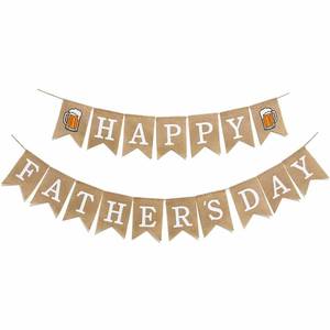 lot 10221 image: Happy Fathers Day Banner Decorations, Rustic Burlap Fathers Day Banner with Beer Mug, Pre-Strung Fathers Day Decor Hanging Sign for Home, Party, Mantel, Fireplace, Farmhouse Party Supplies