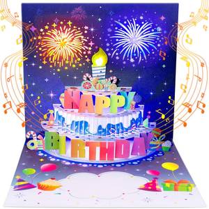 lot 10224 image: INPHER UPGRADED Blowable Birthday Cards 3D Pop Up Fireworks Cake Light and Music Happy Birthday Card Gifts for Women Men Mom Kids