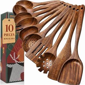lot 11632 image: Wooden Spoons for Cooking,10 Pcs Natural Teak Wooden Kitchen Utensils Set Wooden Utensils for Cooking Wooden Cooking Utensils Wooden Spatulas for Cooking (10)