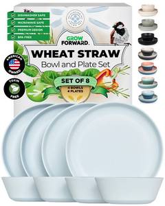 lot 11640 image: Grow Forward Premium Wheat Straw Plates and Bowls Sets - 8-Piece Wheat Straw Dinnerware Sets - Unbreakable & Reusable Microwave Safe Plastic Dinner Plates for Outdoors, RV, Camping Dishes - Glacier