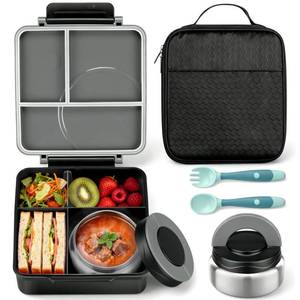 lot 11671 image: Itslife Bento Lunch Box for Kids with 8oz Soup Thermo&Lunch Bag, Leak-Proof Lunch Food Containers with 4 Compartment, Hot Food Insulated Food Jar for Kids School (Black)