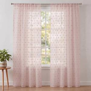 lot 11675 image: Horaldaily 2Pcs Pink Sheer Curtains 52x84in, Pink Pom Pom, Boho