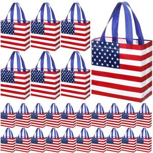 lot 11686 image: Lingvee 50 Pcs American Flag Gift Bag Bulk 4th of July Patriotic Reusable Tote Bags with Handle Stars and Stripes Print Non Woven Candy Bags for Independence Day Birthday Party Family Holiday Travel
