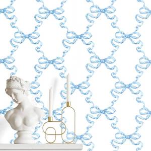 lot 12222 image: MotiMind Blue Bow Wallpaper 15.75 x 118 Inch Bow Ribbon Trellis Wallpaper Coquette Trendy Preppy Peel and Stick Ribbons Feminine Ballet Girly Adhesive Removable Coquette Room Decor
