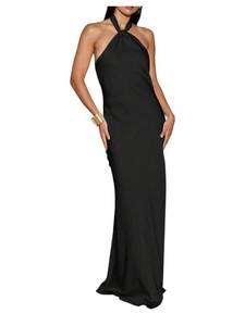 lot 12244 image: OYOANGLE Womens Satin Halter Maxi Dress Cocktail Wedding Guest Dress Black L