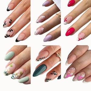 lot 12249 image: 6 Packs (144 Pcs) Flower Press on Nails Medium Almond Fake Nails French Tip False Nails with Designs Spring Summer Floral Glue on Nail Full Cover Glossy Acrylic Stick on Nail for Women Manicure