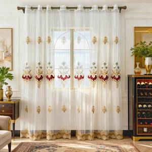 lot 12268 image: Amidoudou 1 Pair European Luxury Embroidered Sheer Curtains for Living Room Bedroom Tulle Curtains (Beige and Red,37x84 Inch)