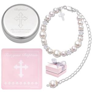 lot 12270 image: Tryuunion Baptism Bracelet in 925 Sterling Silver and Cultured Pearls for Baby Girls, with Silver-plated Jewelry Keepsake Box, Great Catholic Christening and Baptism Gifts for Girl