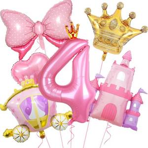 lot 12283 image: 6Pcs Princess Balloons Set 40inch Pink Crown 4 Balloon Castle Carriage Gold Crown Foil Balloons for 4th Princess Birthday Party Decorations