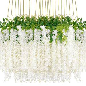 lot 12292 image: Wisteria Hanging Flowers 24 Pack Artificial Flowers Fake Wisteria Vine Rattan Hanging Garland Silk Flowers String for Party Home Wall Greenery Wedding Decor (White)
