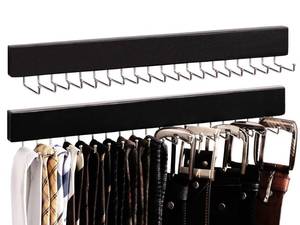 lot 12297 image: StorageWorks Tie Rack with 20 Hooks, 2 Set Wall Mounted Wood Hanger, Black