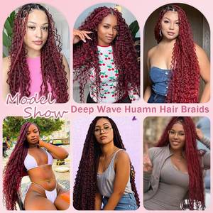 lot 12308 image: #99J Burgundy Braiding Hair 150g 3 Bundles 22 22 22 Inch Dark Burgundy Deep Wave Boho Hair for Braiding #99J Deep Curly Human Braiding Hair Wet and Wavy for Braids Hair Extensions