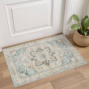 lot 12319 image: Tortania Area Rug 2x3 Doormat - Washable Vintage Oriental Farmhouse Soft Thin Indoor Carpet for Living Room Bedroom Hallway Entryway Kitchen - Aqua Multi