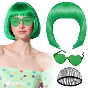 lot 12337 image: PLULON Green Bob Wig with Heart Sunglasses Hair Cap Neon Colored Party Wig