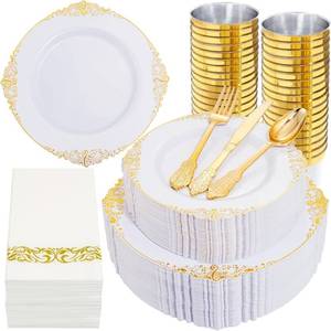 lot 13898 image: Nervure 350Pcs Gold Plastic Plates, Disposable Dinnerware Set for 50 Guests