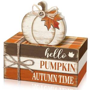lot 14332 image: Geelin 4 Pcs Fall Tiered Tray Decorations Thanksgiving Wooden Pumpkin and Maple Leaf Book Stack Signs, Autumn Vintage Table Decoration for Home Office Table Shelf Centerpiece Farmhouse Decorations