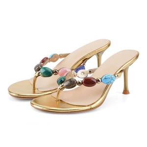 lot 18079 image: VOZTOLLS Flip Flop Kitten Heels Jeweled Thong Sandals Gold 8.5