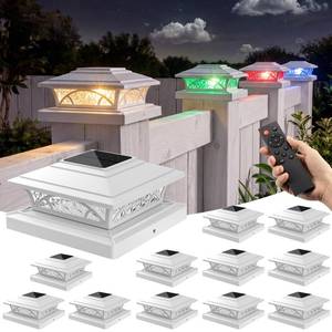 lot 19040 image: APONUO Solar Post Cap Lights Outdoor RGB Color Changing with Remote, Fits 4x4 5x5 Vinyl & 4x4 6x6 Wood Posts, IP65 Waterproof Fence Post Solar Lights for Deck Patio Yard (12 Pack White)