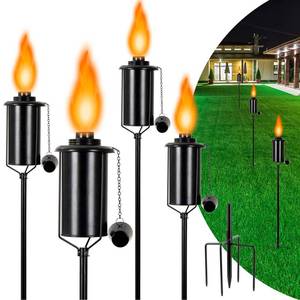 lot 19049 image: Nonley 4 Pack Metal Torch for Outside Upgraded, 16oz Metal Garden Torches Outdoor Citronella Torches with 4-Prong Grounded Stake, Flame Torch Light for Backyard Patio Pathway Party 61 Tall (Used)