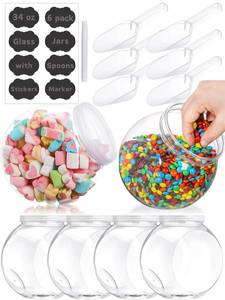 lot 19054 image: Glazeal 6PCS 34oz Plastics Candy Jars with Lid & Spoons, 1000ml Plastic Cookie Jars Set Clear with Labels& Pen for Candy, Buffet, Coffee Holder Food Storage