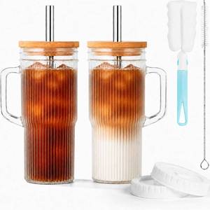 lot 19058 image: JunVpic Glass Tumbler, 24 oz Ice Coffee Cups with Bamboo Lid and Handle