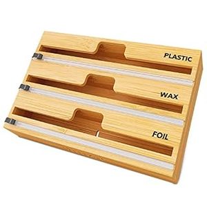 lot 19073 image: SpaceAid WrapNeat 3 in 1 Wrap Organizer with Cutter and Labels, Plastic Wrap, Aluminum Foil and Wax Bamboo Dispenser for Kitchen Storage Organization Holder for 12 Roll (Natural) (B09FPFTMVX)