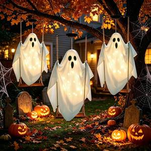 lot 19078 image: Halloween Decorations Outdoor Solar Hanging Swing Ghost Halloween Decor with String Lights, 2 Pack Scary Party Gifts Decor, Spooky Ghost on Swing Decorations for Yard Garden Porch Haunted House Tree