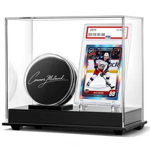 lot 19079 image: Hockey Puck Display Case & PSA Card Display Stand, 2-in-1 Sports Memorabilia Set Includes Card Stand & Hockey Puck Holder, Clear Dustproof Case for Autographed Puck & Graded Trading Card (Black Base)